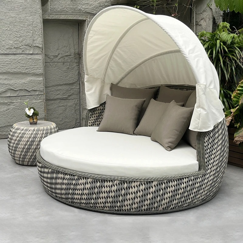 Outdoor Furniture Hotel - Daybed,Anti-UV Rustproof Round,Wicker Lounge Sofa,Canopy Cushioned,Outdoor