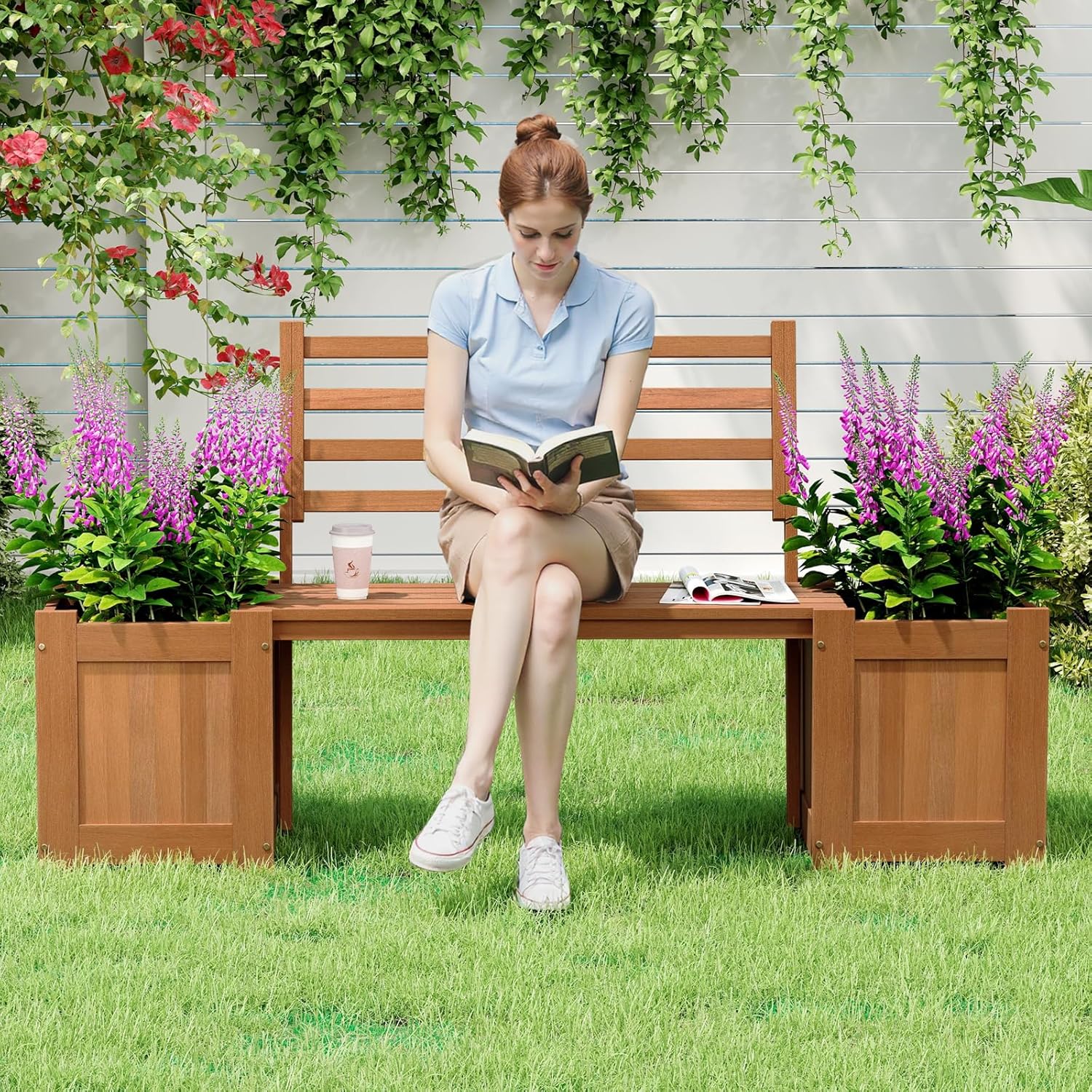 2-in-1 Wood Outdoor Bench with - Outdoor Furniture Oil Teak recensione e prezzo